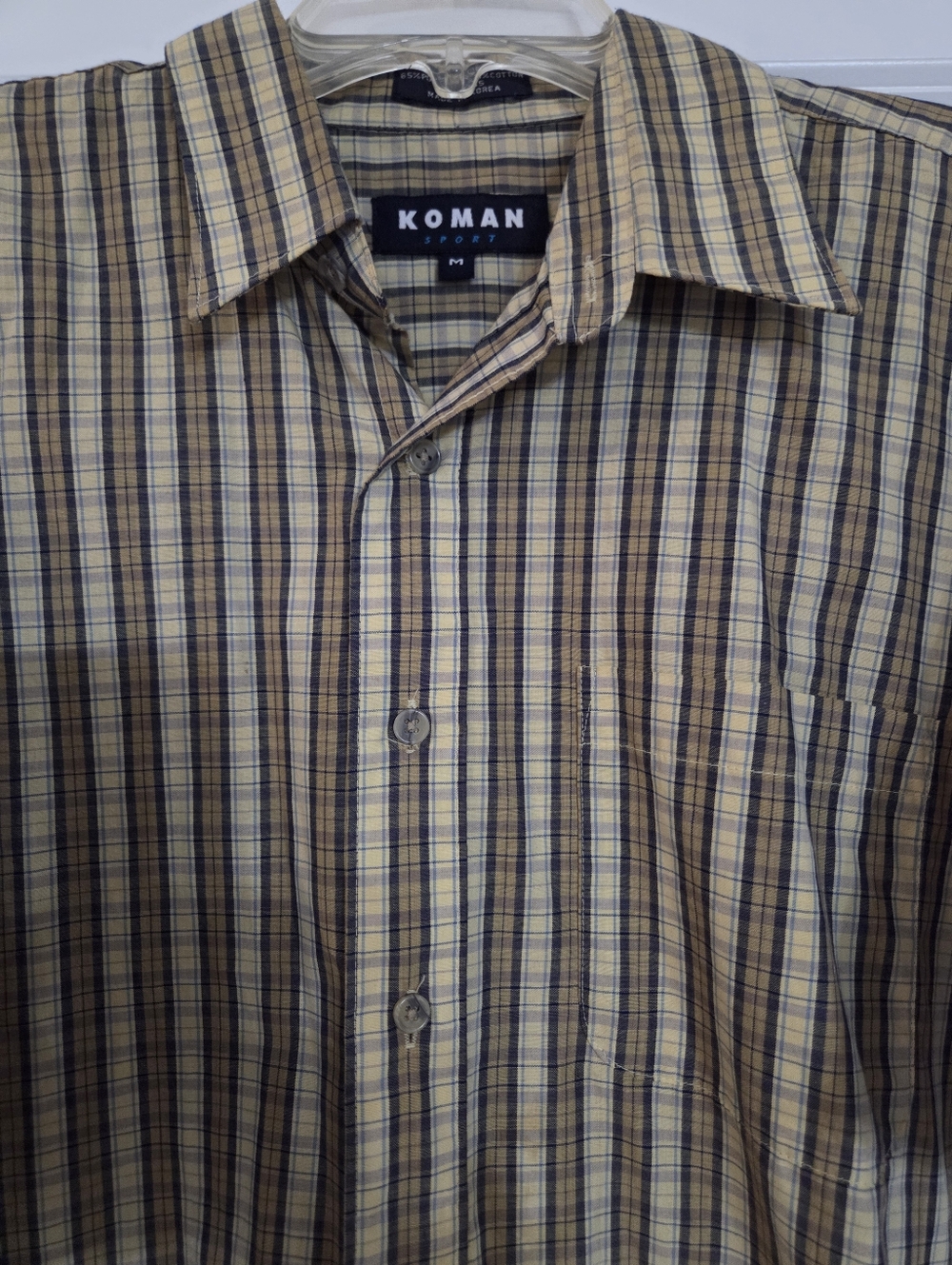 Short-Sleeve Plaid Button-Down Shirt By Koman - Tan & Green